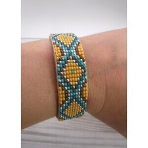 Loom Beaded Bracelet Teal & Brown on Leather